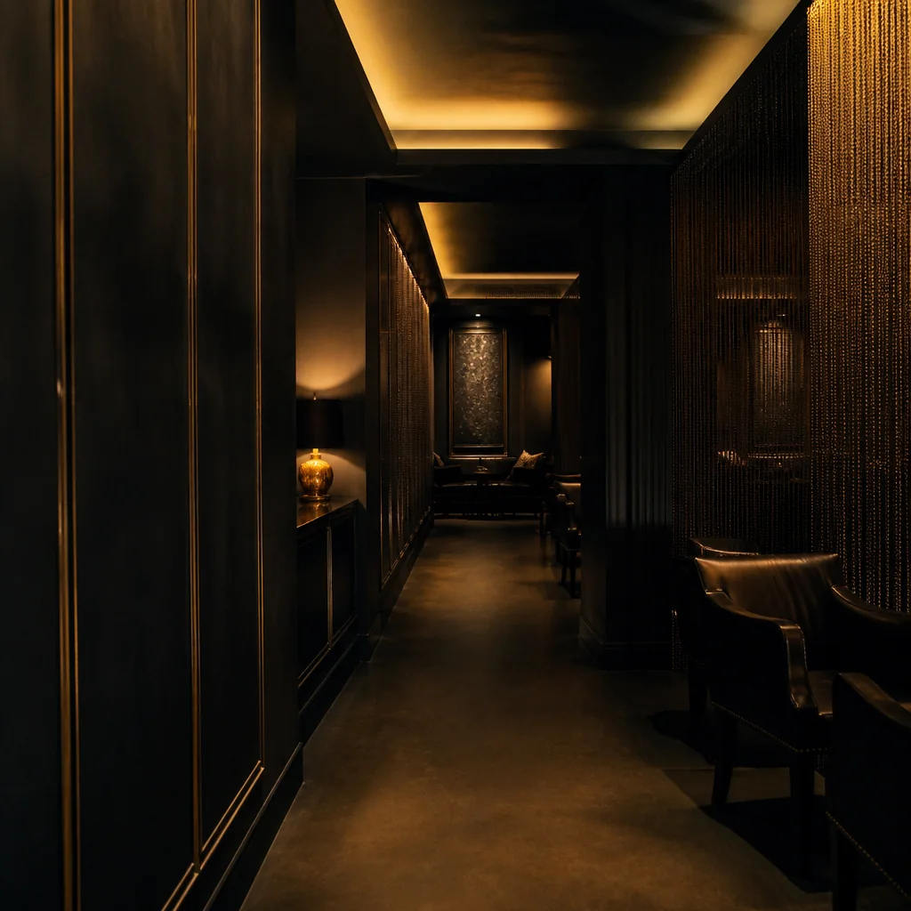 Pasillo de lounge premium con luz dorada tenue — Premium lounge corridor with soft golden lighting